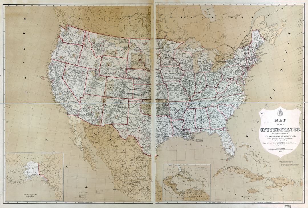 Крупномасштабная подробная старая политическая и административная карта США с другими пометками - 1877